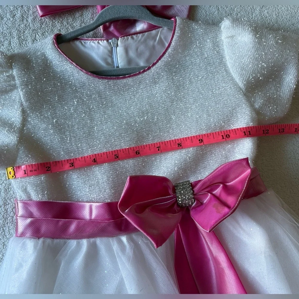 Fancy Christmas/Holidays Dress, frosty white with pink satin bow. Girls Sz 8